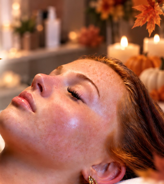Client relaxing during her Fall Glow Facial, among candles and pumpkins