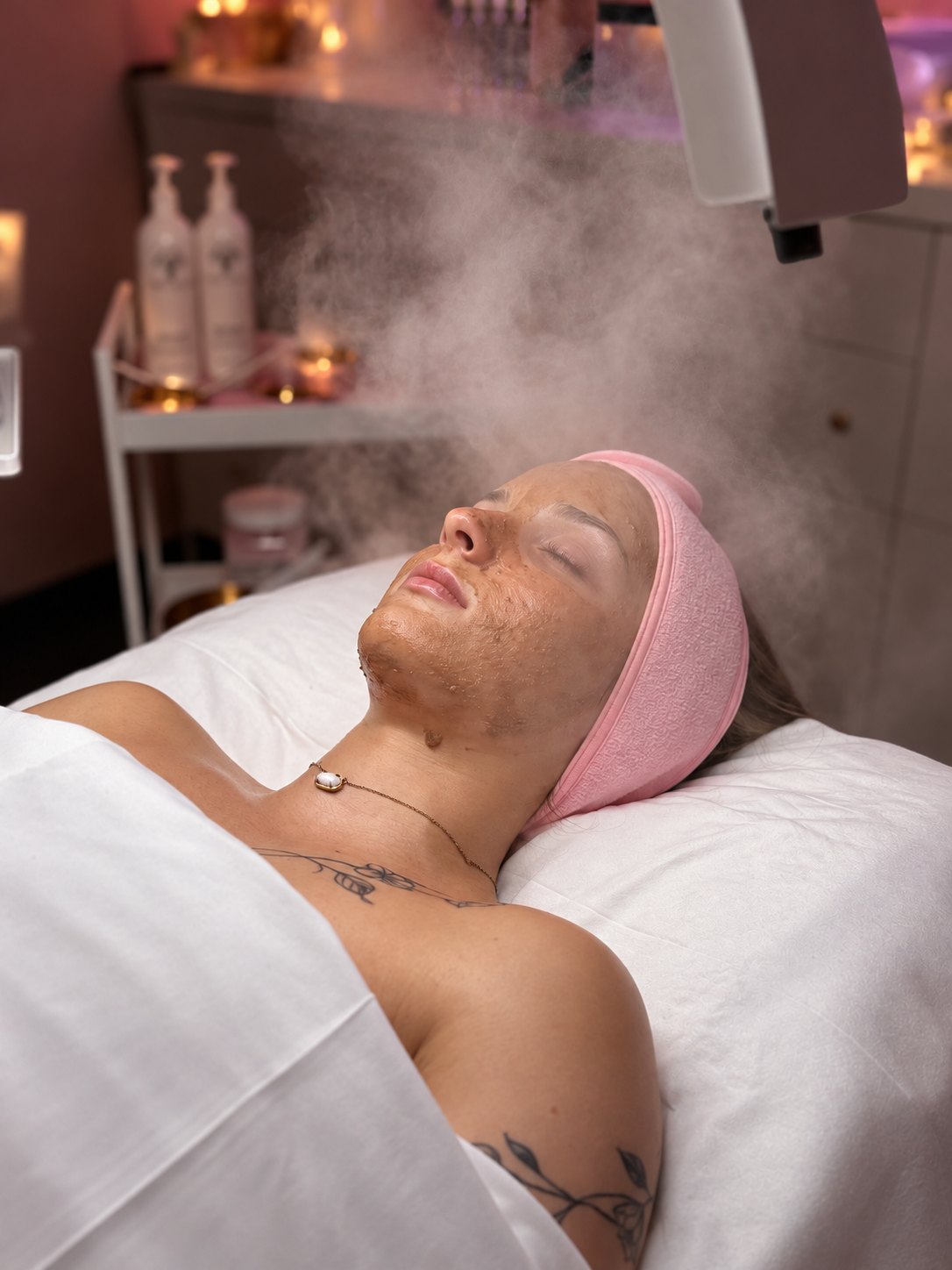 A mask and steam during a facial